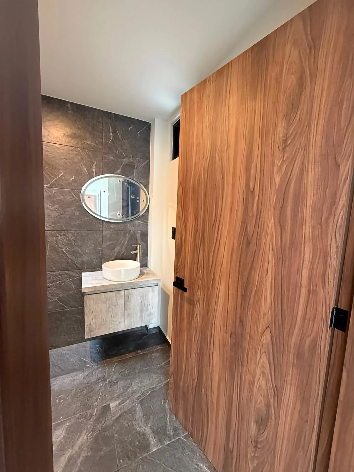 Lavabo con cubierta y puerta de madera